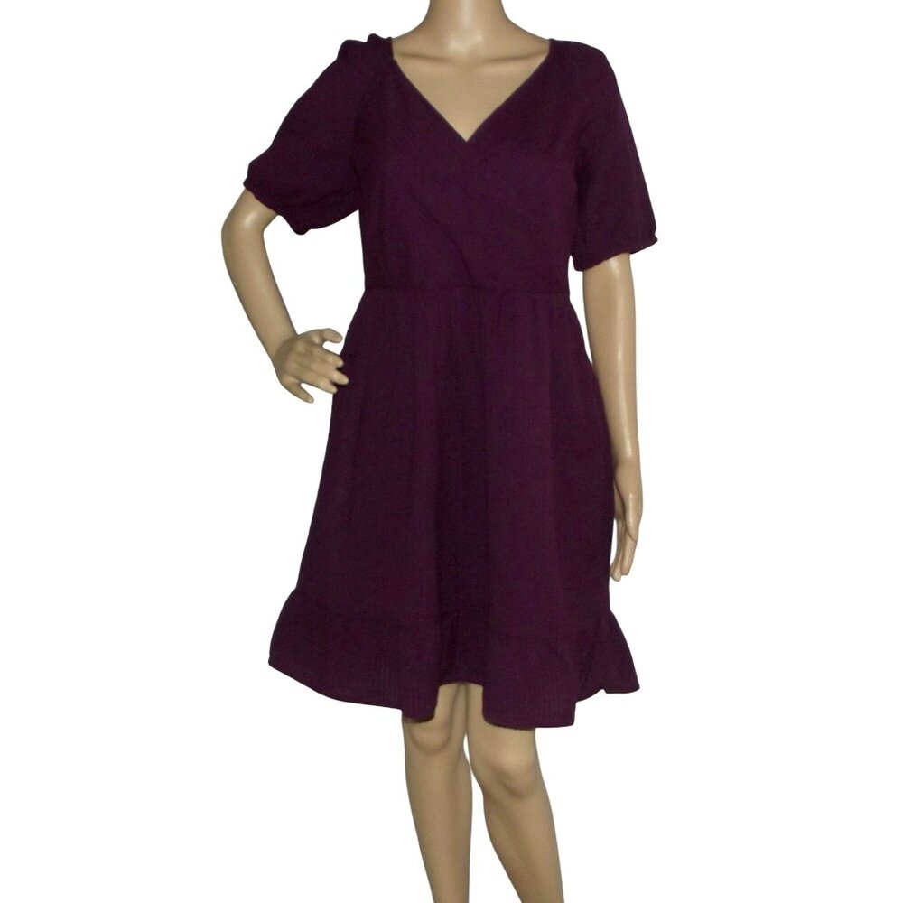 LOFT Ann Taylor Dress Womens Size 8 Purple Wrap Sheath knee Textured Short Puff